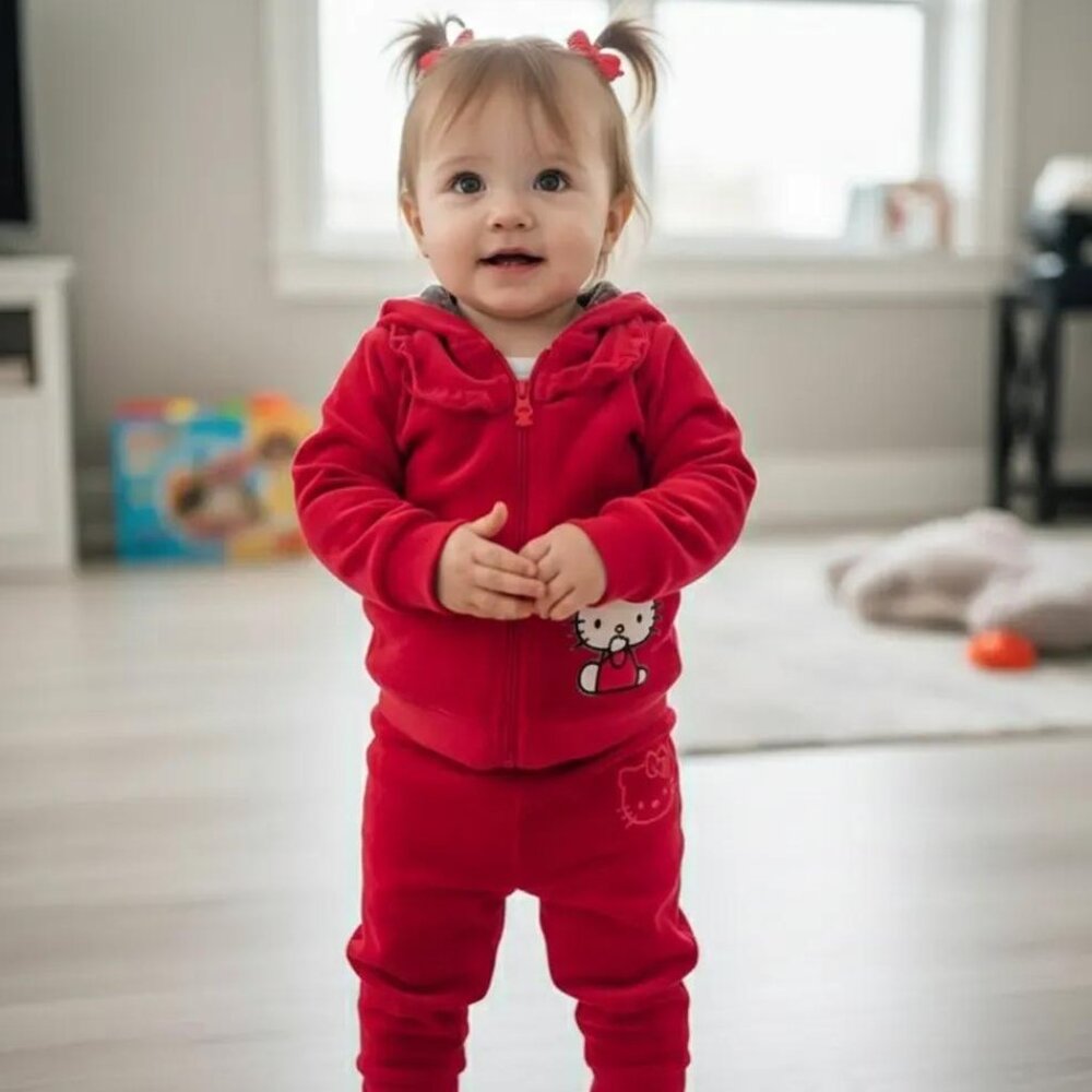 Hello Kitty by Sanrio Pink Velour Matching Hoodie and Pant Set size 24 Months